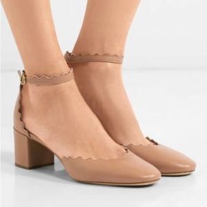 Chloé Lauren D'orsay Scalloped Leather Mary-Jane Block Heel Pumps Nude 37 Italy